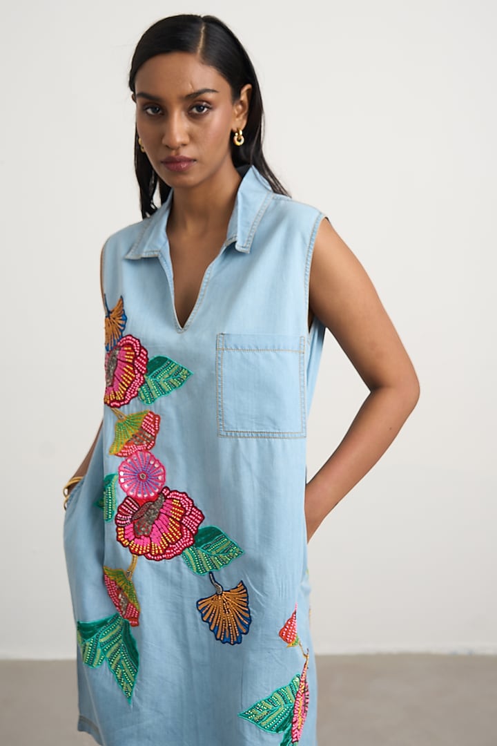 Blue Denim Floral Embroidered A-Line Mini Vacation Dress by Nakateki at Pernia's Pop Up Shop