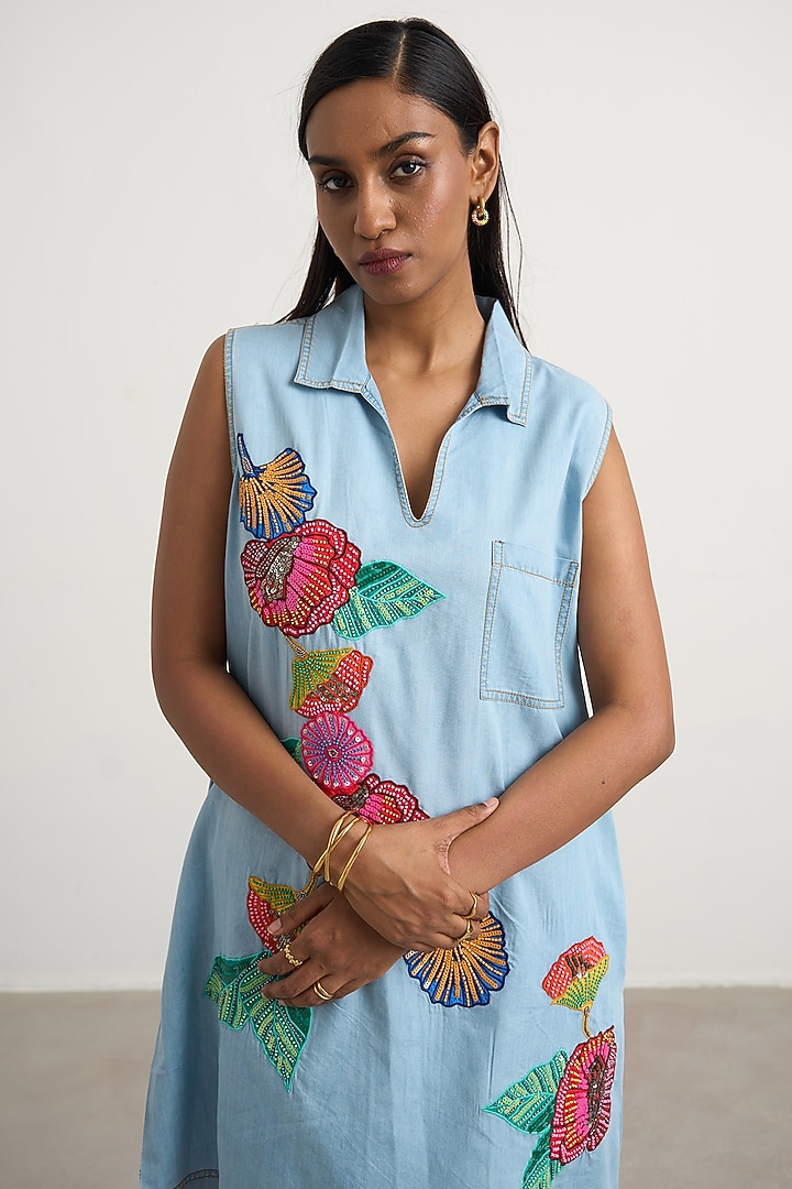 Blue Denim Floral Embroidered A-Line Mini Vacation Dress by Nakateki at Pernia's Pop Up Shop