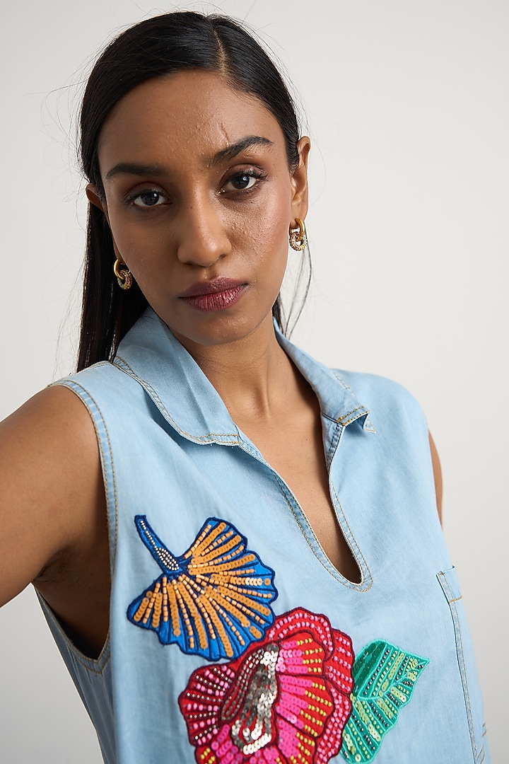 Blue Denim Floral Embroidered A-Line Mini Vacation Dress by Nakateki at Pernia's Pop Up Shop