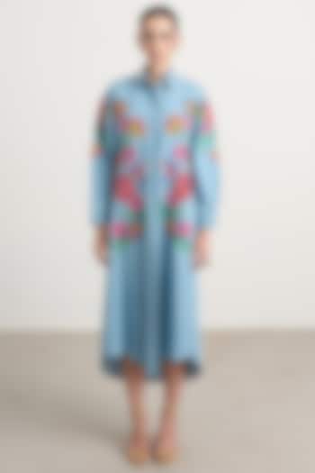 Blue Denim Floral Embroidered Midi Vacation Dress by Nakateki at Pernia's Pop Up Shop