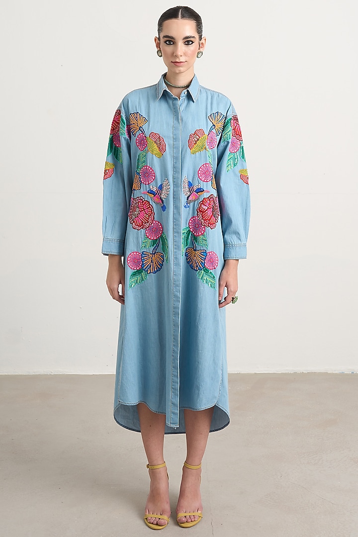 Blue Denim Floral Embroidered Midi Vacation Dress by Nakateki at Pernia's Pop Up Shop