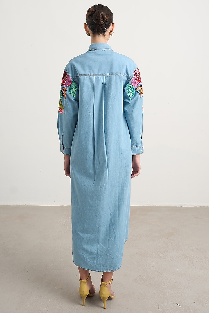 Blue Denim Floral Embroidered Midi Vacation Dress by Nakateki at Pernia's Pop Up Shop