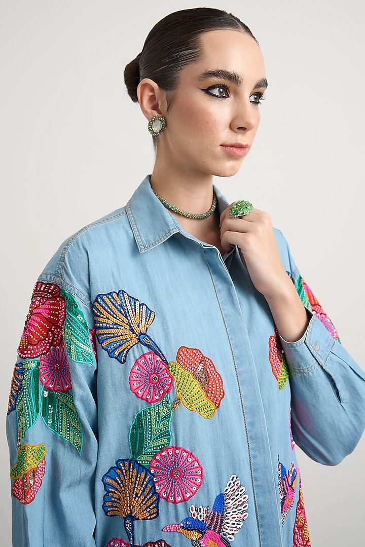 Blue Denim Floral Embroidered Midi Vacation Dress by Nakateki at Pernia's Pop Up Shop