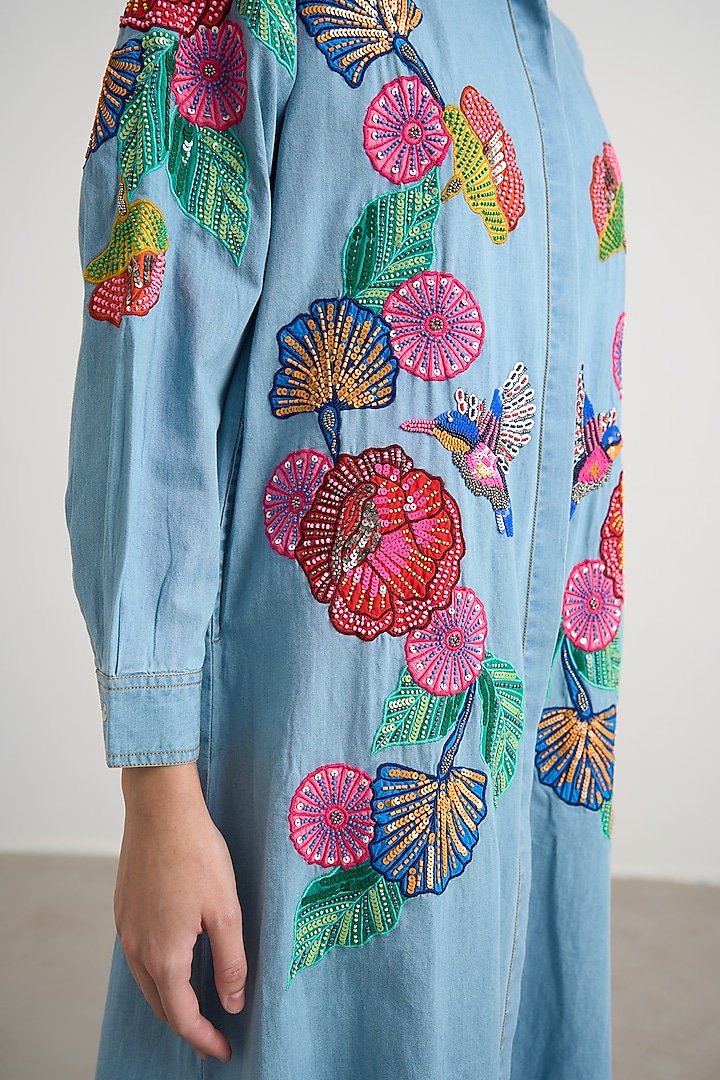 Blue Denim Floral Embroidered Midi Vacation Dress by Nakateki at Pernia's Pop Up Shop