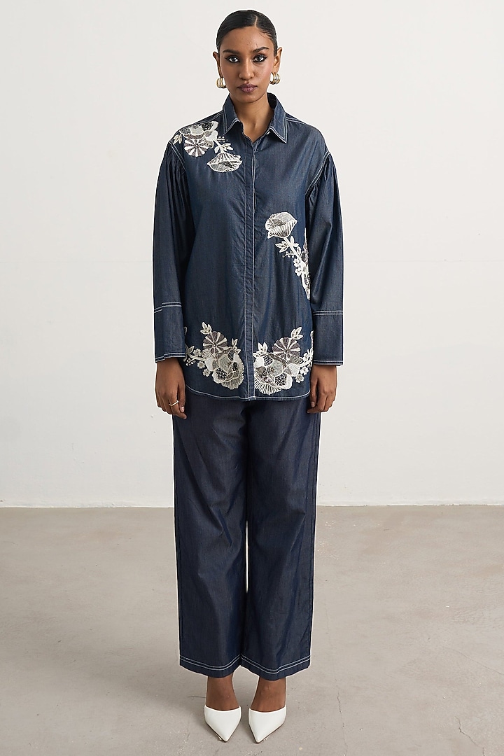 Navy Denim Hand Embellished Co-Ord Set by Nakateki at Pernia's Pop Up Shop