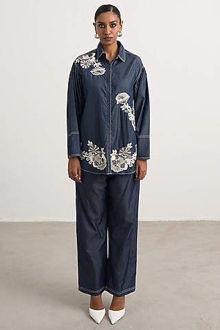 Navy Denim Hand Embellished Co-Ord Set by Nakateki