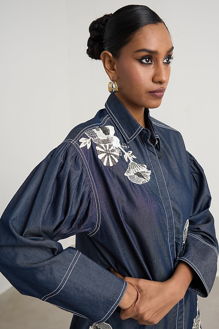 Navy Denim Hand Embellished Co-Ord Set by Nakateki at Pernia's Pop Up Shop