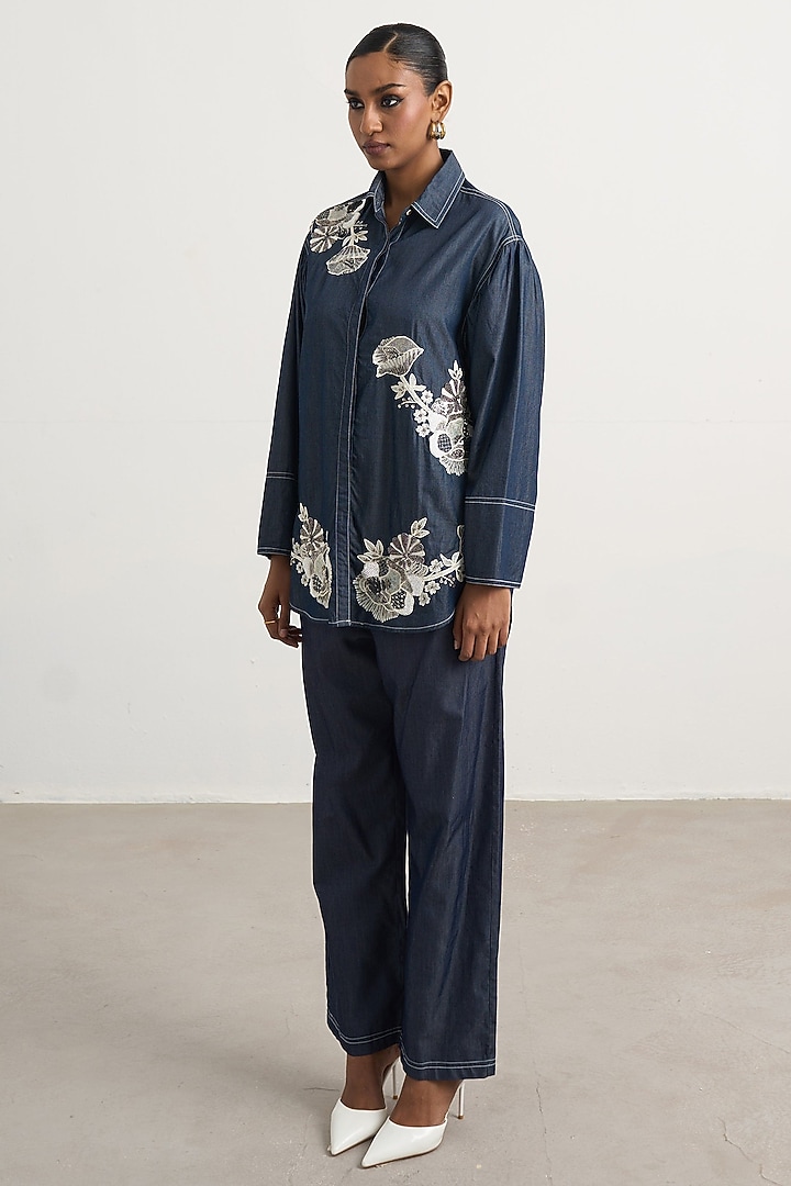 Navy Denim Hand Embellished Co-Ord Set by Nakateki at Pernia's Pop Up Shop
