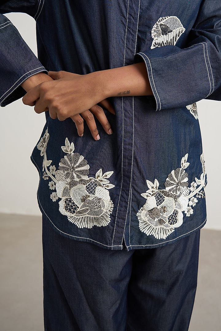Navy Denim Hand Embellished Co-Ord Set by Nakateki at Pernia's Pop Up Shop