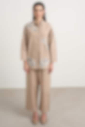 Beige Cotton Floral Embellished Co-Ord Set by Nakateki at Pernia's Pop Up Shop