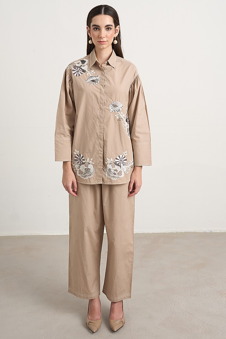 Beige Cotton Floral Embellished Co-Ord Set by Nakateki at Pernia's Pop Up Shop