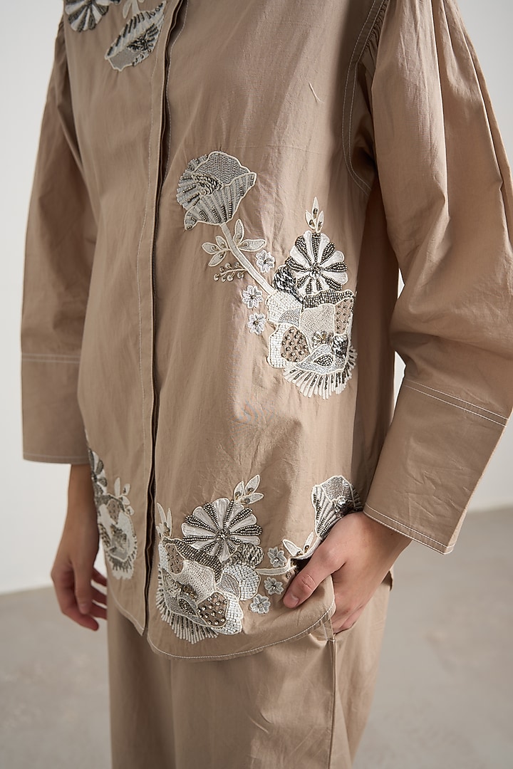 Beige Cotton Floral Embellished Co-Ord Set by Nakateki at Pernia's Pop Up Shop