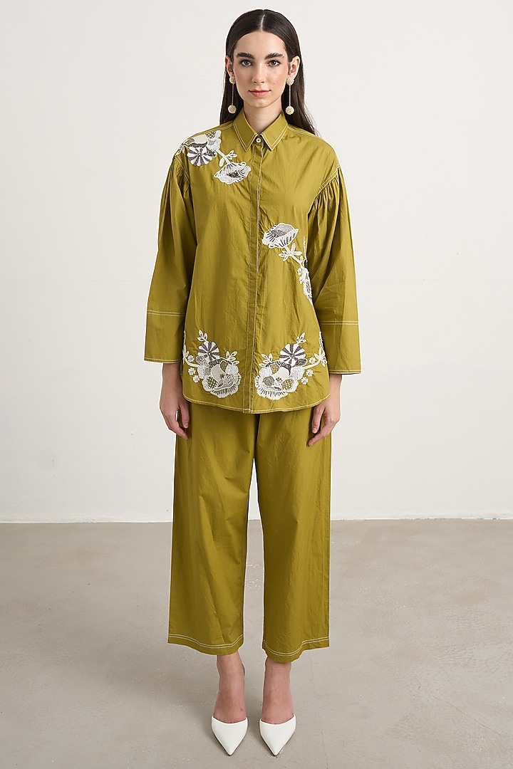 Green Cotton Floral Embellished Co-Ord Set by Nakateki at Pernia's Pop Up Shop