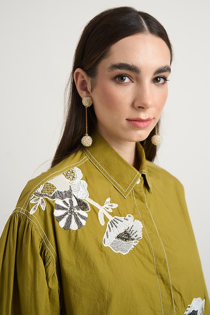 Green Cotton Floral Embellished Co-Ord Set by Nakateki at Pernia's Pop Up Shop