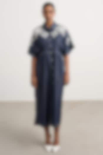 Blue Denim Floral Embellished Button-Down Maxi Vacation Dress by Nakateki at Pernia's Pop Up Shop