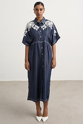 Blue Denim Floral Embellished Button-Down Maxi Dress by Nakateki