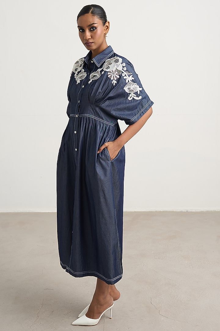 Blue Denim Floral Embellished Button-Down Maxi Vacation Dress by Nakateki at Pernia's Pop Up Shop