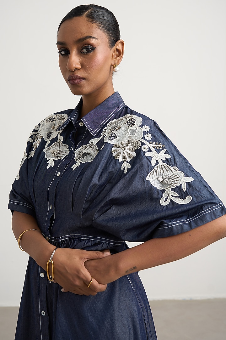 Blue Denim Floral Embellished Button-Down Maxi Vacation Dress by Nakateki at Pernia's Pop Up Shop