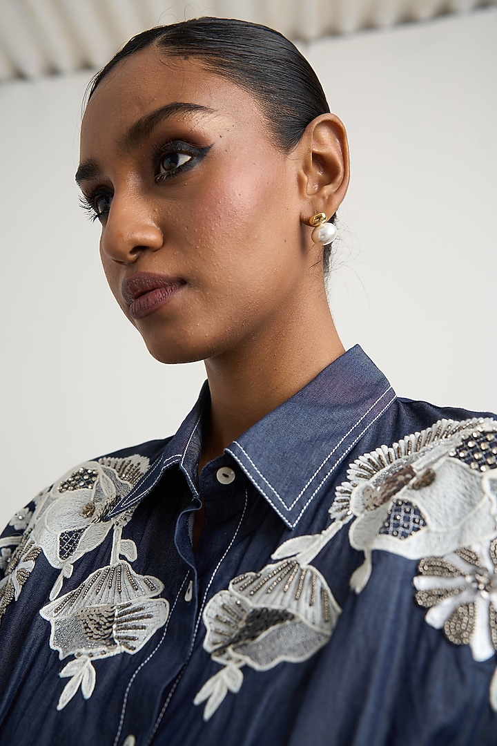 Blue Denim Floral Embellished Button-Down Maxi Vacation Dress by Nakateki at Pernia's Pop Up Shop