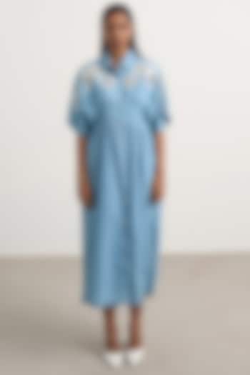 Blue Denim Floral Embellished Button-Down Maxi Vacation Dress by Nakateki at Pernia's Pop Up Shop