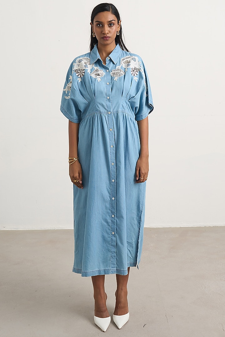 Blue Denim Floral Embellished Button-Down Maxi Vacation Dress by Nakateki at Pernia's Pop Up Shop