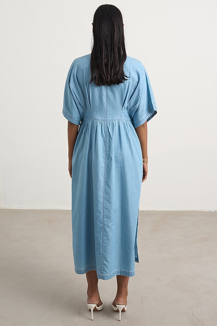 Blue Denim Floral Embellished Button-Down Maxi Vacation Dress by Nakateki at Pernia's Pop Up Shop