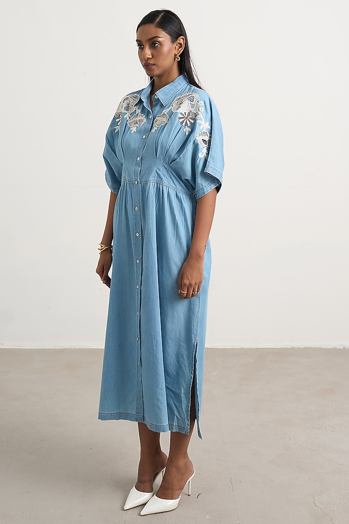 Blue Denim Floral Embellished Button-Down Maxi Vacation Dress by Nakateki at Pernia's Pop Up Shop