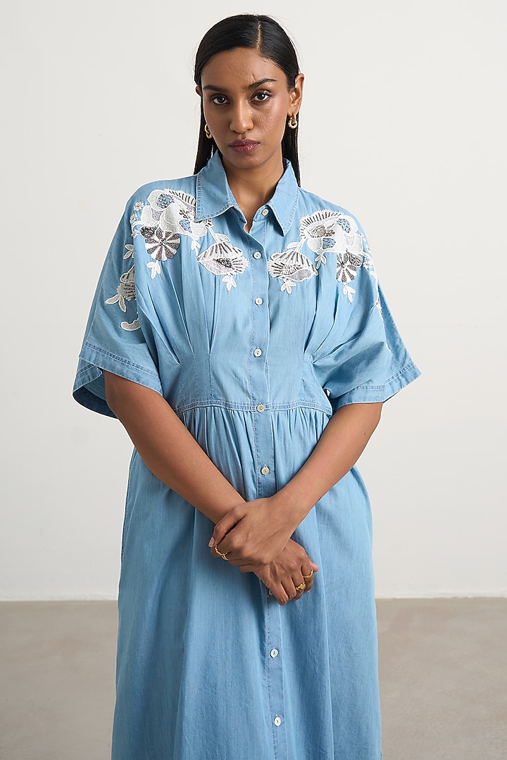 Blue Denim Floral Embellished Button-Down Maxi Vacation Dress by Nakateki at Pernia's Pop Up Shop