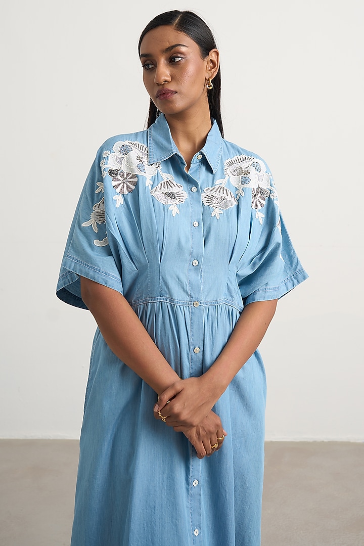 Blue Denim Floral Embellished Button-Down Maxi Vacation Dress by Nakateki at Pernia's Pop Up Shop