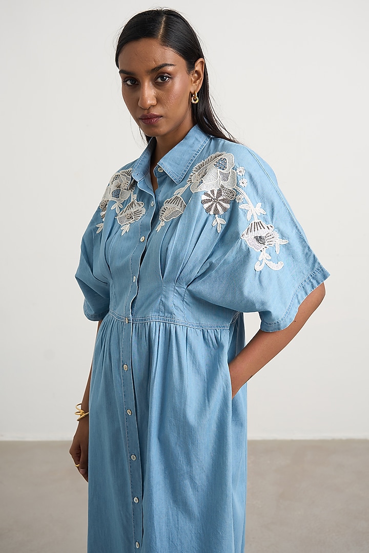 Blue Denim Floral Embellished Button-Down Maxi Vacation Dress by Nakateki at Pernia's Pop Up Shop
