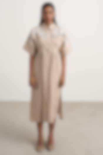 Beige Cotton Floral Embellished Button-Down Midi Vacation Dress by Nakateki at Pernia's Pop Up Shop