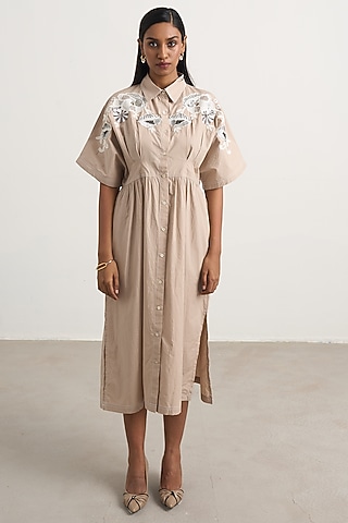 Beige Cotton Floral Embellished Button-Down Midi Dress by Nakateki