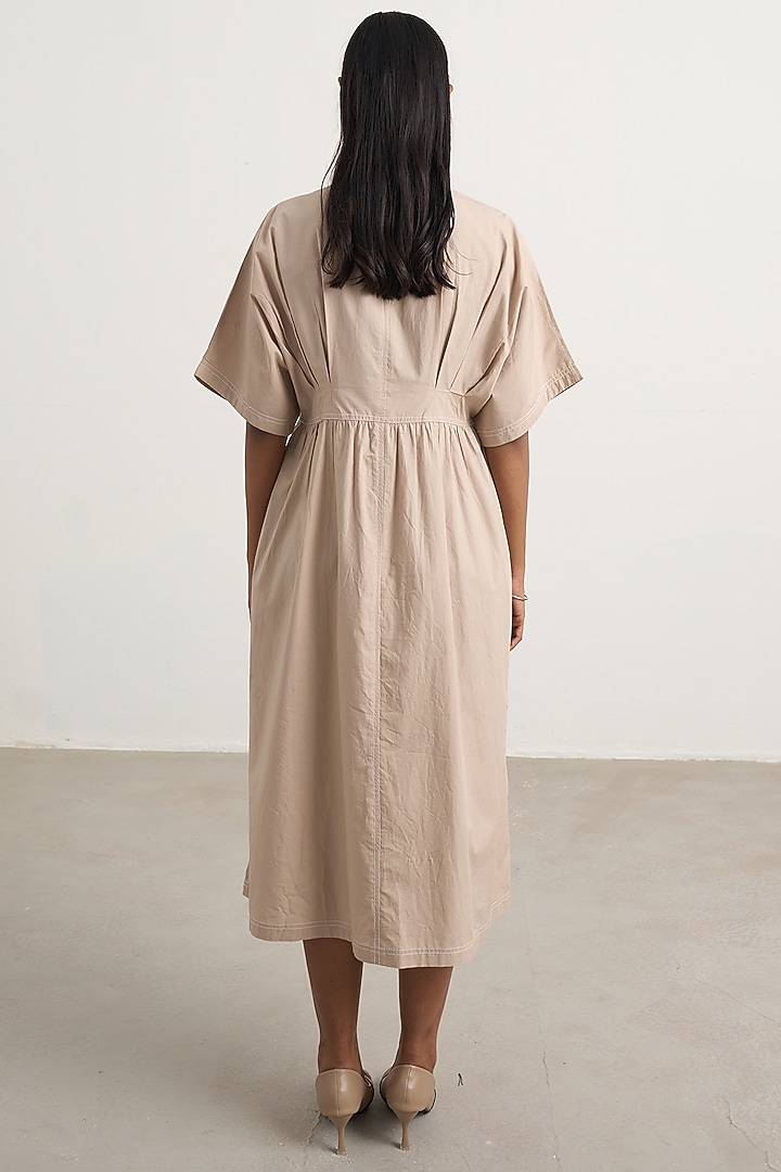 Beige Cotton Floral Embellished Button-Down Midi Vacation Dress by Nakateki at Pernia's Pop Up Shop