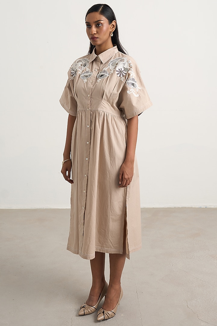 Beige Cotton Floral Embellished Button-Down Midi Vacation Dress by Nakateki at Pernia's Pop Up Shop
