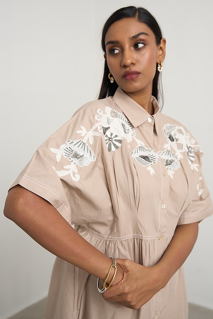 Beige Cotton Floral Embellished Button-Down Midi Vacation Dress by Nakateki at Pernia's Pop Up Shop