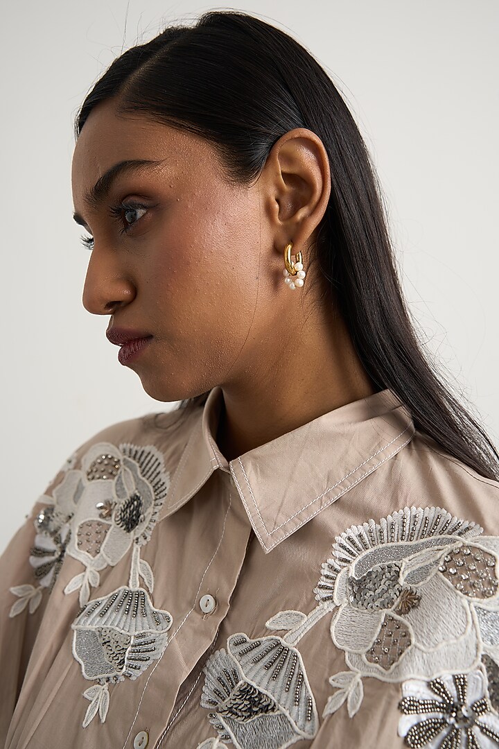 Beige Cotton Floral Embellished Button-Down Midi Vacation Dress by Nakateki at Pernia's Pop Up Shop