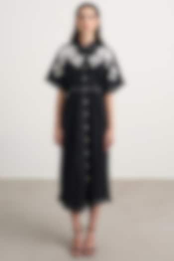 Black Cotton Floral Embellished Button-Down Midi Vacation Dress by Nakateki at Pernia's Pop Up Shop