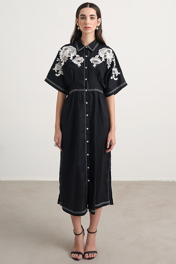 Black Cotton Floral Embellished Button-Down Midi Vacation Dress by Nakateki at Pernia's Pop Up Shop