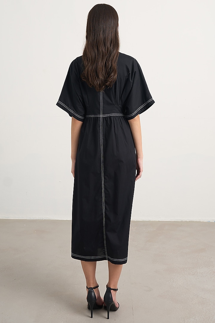 Black Cotton Floral Embellished Button-Down Midi Vacation Dress by Nakateki at Pernia's Pop Up Shop