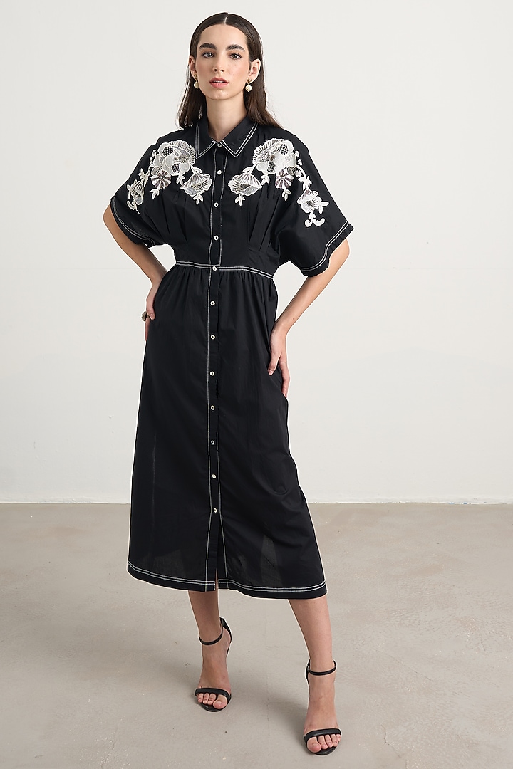 Black Cotton Floral Embellished Button-Down Midi Vacation Dress by Nakateki at Pernia's Pop Up Shop