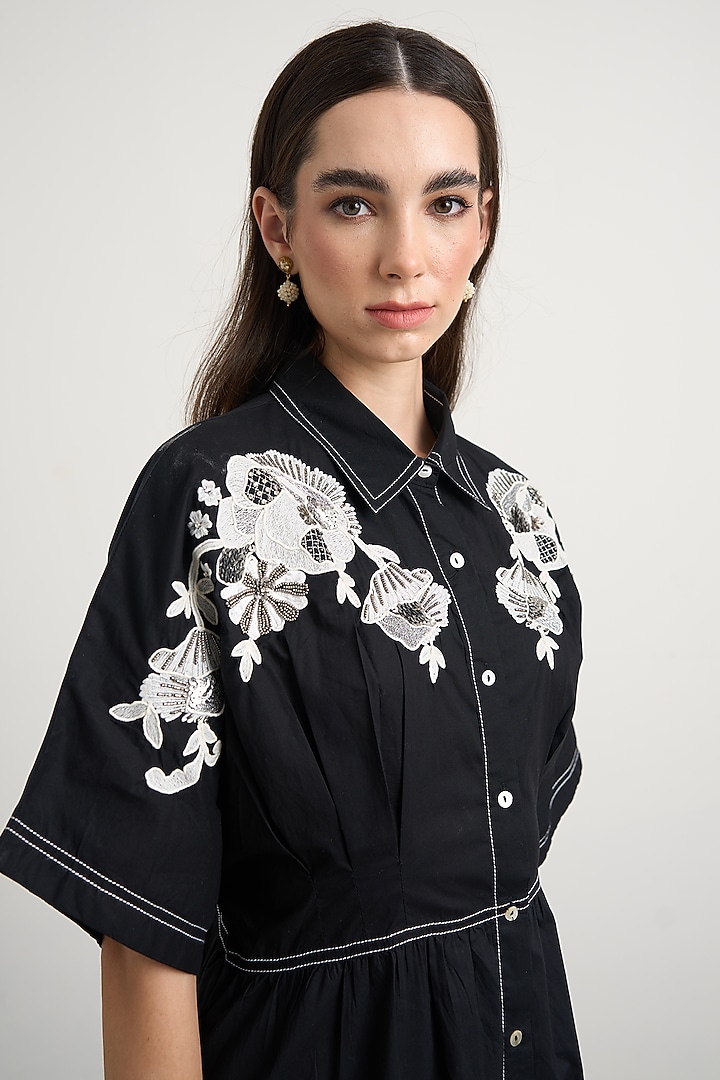 Black Cotton Floral Embellished Button-Down Midi Vacation Dress by Nakateki at Pernia's Pop Up Shop