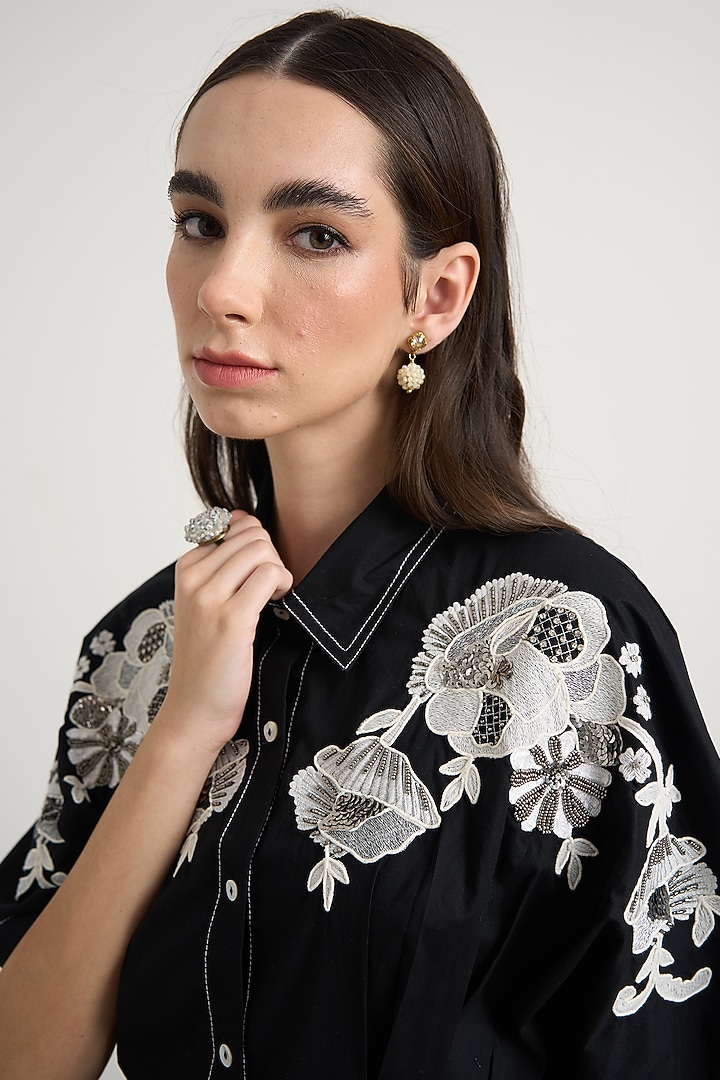 Black Cotton Floral Embellished Button-Down Midi Vacation Dress by Nakateki at Pernia's Pop Up Shop