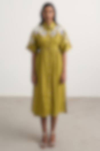 Green Cotton Floral Embellished Button-Down Midi Vacation Dress by Nakateki at Pernia's Pop Up Shop