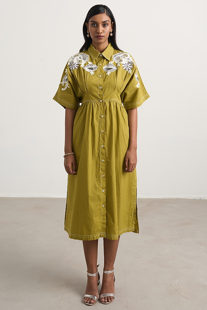Green Cotton Floral Embellished Button-Down Midi Vacation Dress by Nakateki at Pernia's Pop Up Shop
