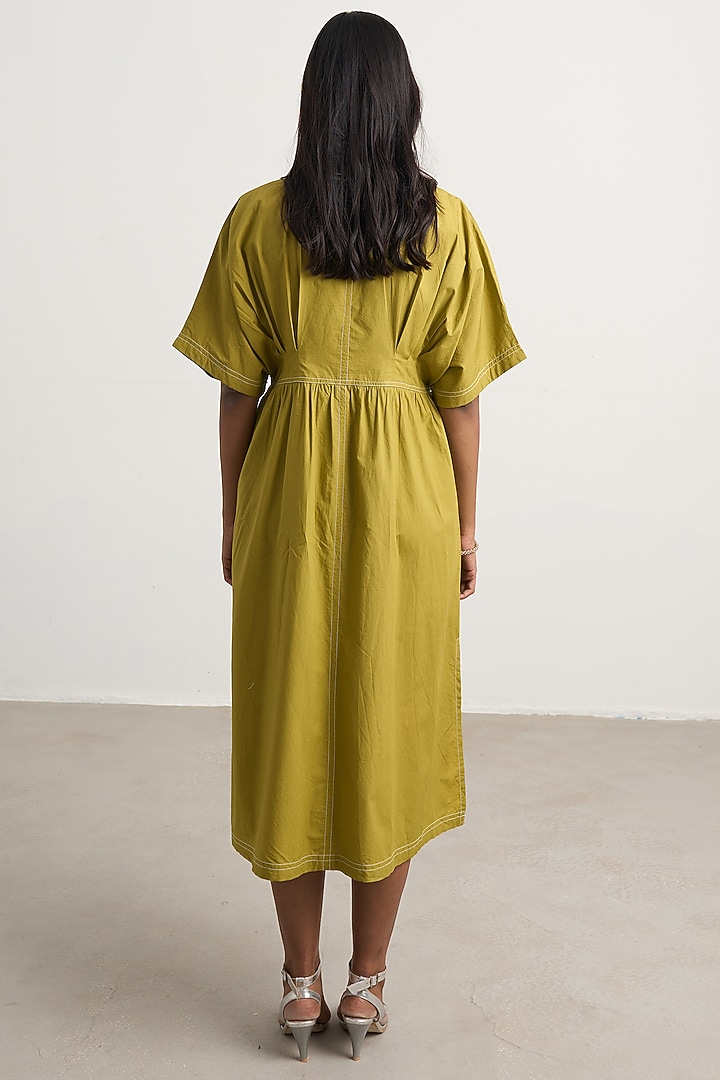 Green Cotton Floral Embellished Button-Down Midi Vacation Dress by Nakateki at Pernia's Pop Up Shop