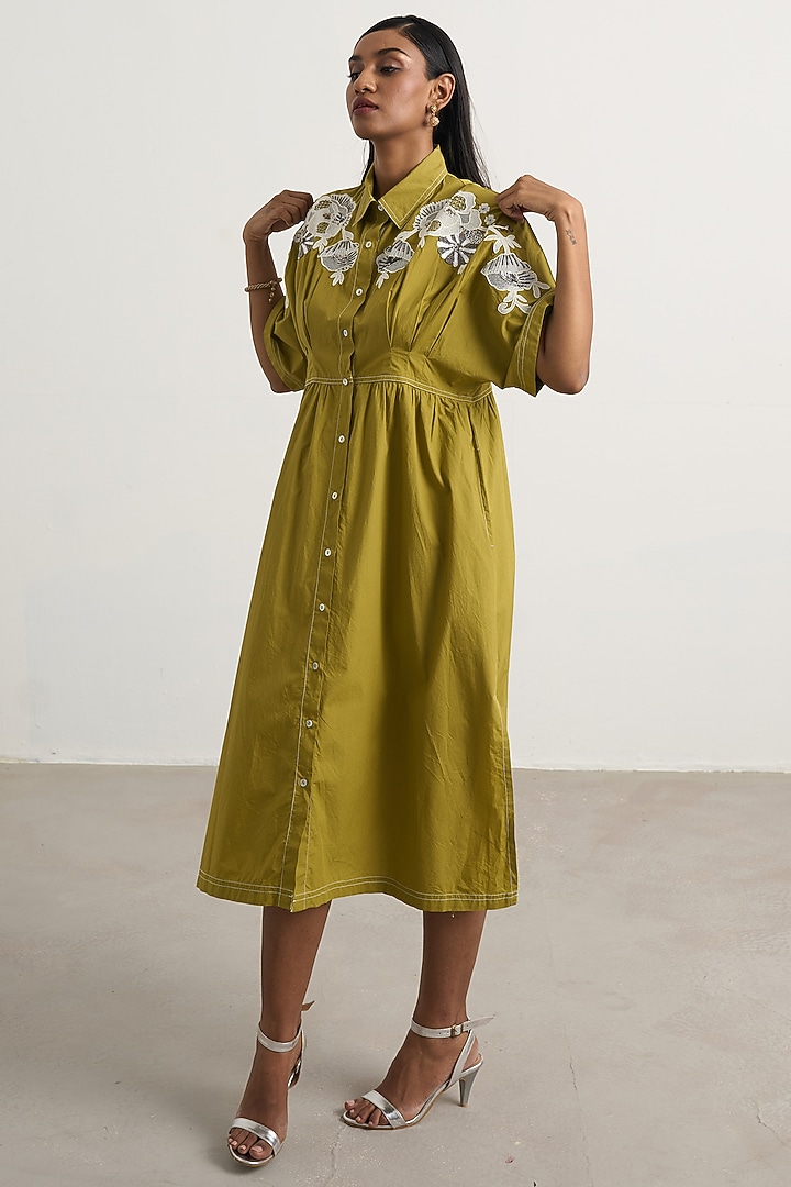 Green Cotton Floral Embellished Button-Down Midi Vacation Dress by Nakateki at Pernia's Pop Up Shop