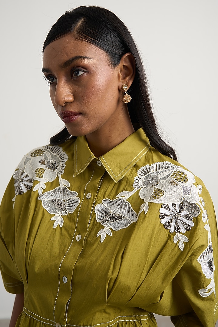 Green Cotton Floral Embellished Button-Down Midi Vacation Dress by Nakateki at Pernia's Pop Up Shop