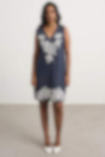 Dark Blue Denim Floral Embroidered Mini Vacation Dress by Nakateki at Pernia's Pop Up Shop