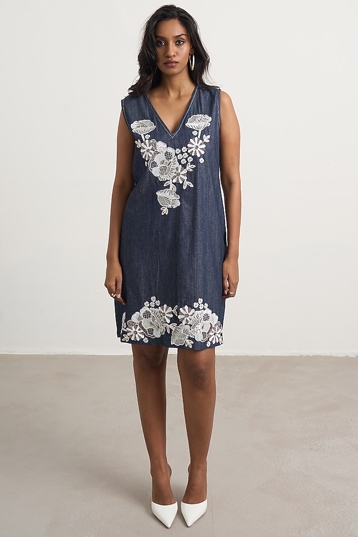 Dark Blue Denim Floral Embroidered Mini Vacation Dress by Nakateki at Pernia's Pop Up Shop