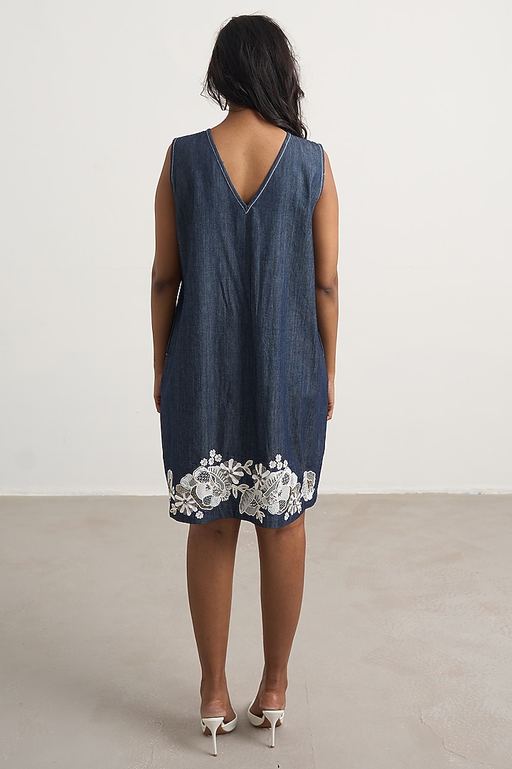 Dark Blue Denim Floral Embroidered Mini Vacation Dress by Nakateki at Pernia's Pop Up Shop